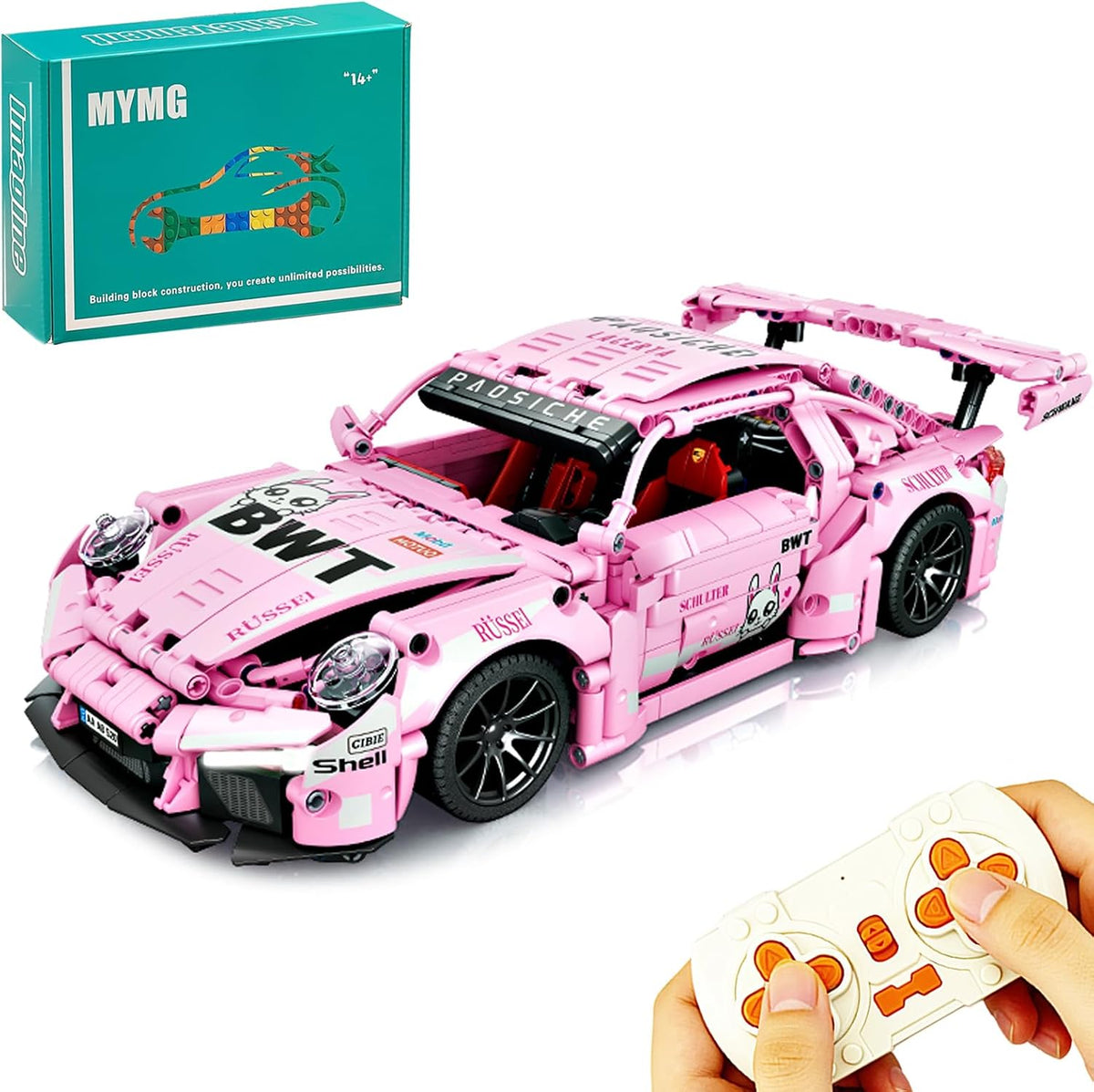 Brick-built pink super sports car with low profile and large rear wing