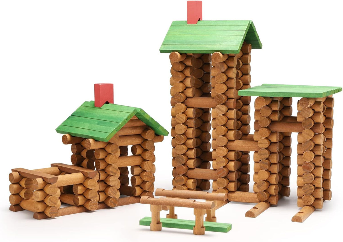 Wooden log cabin built from stacked toy logs – view 2
