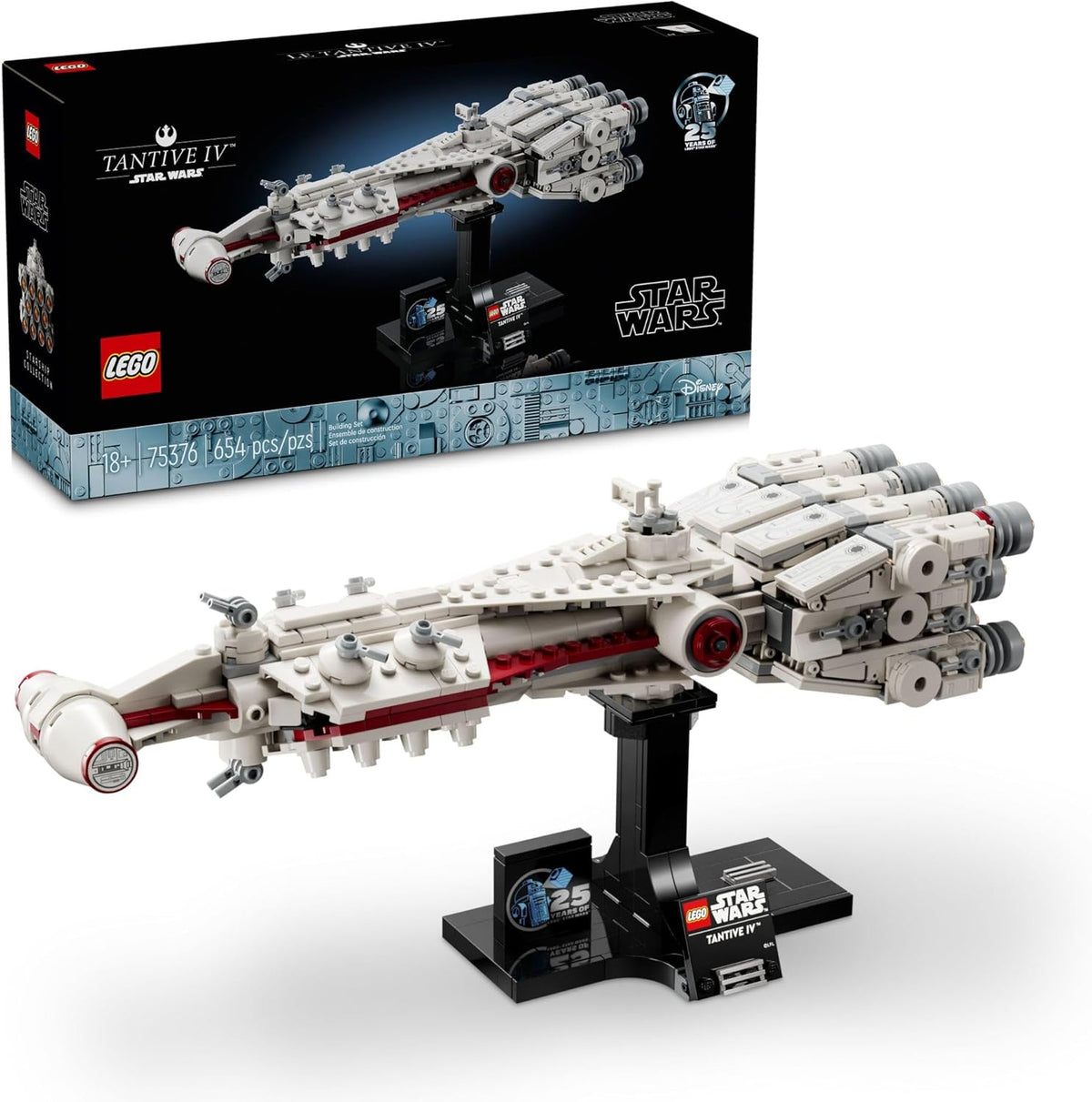 Brick-built mid-scale starship with a bank of 11 engines on a display stand