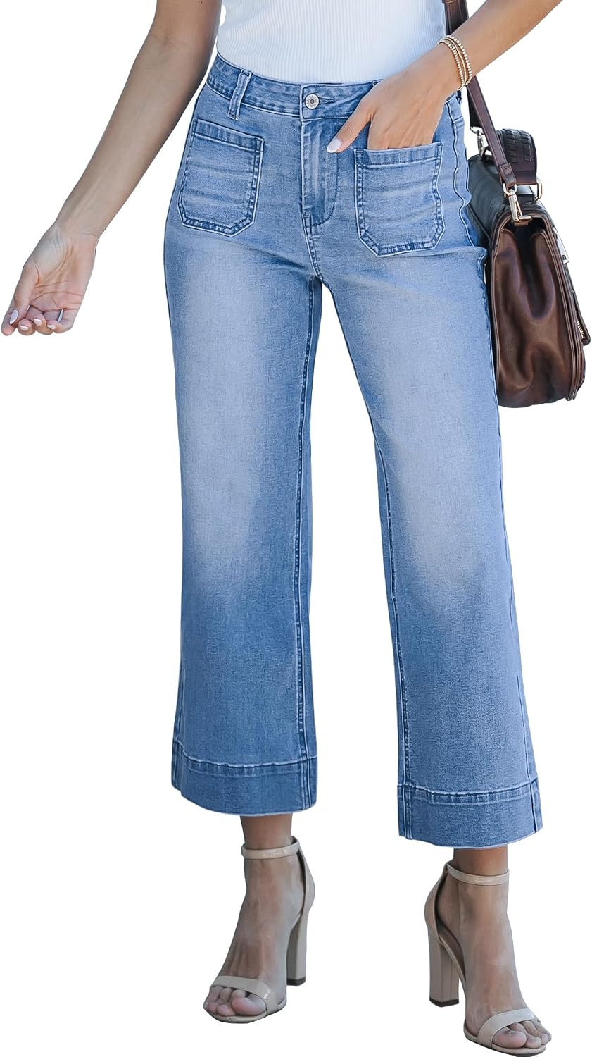 Women's Cropped Flare Jeans - High Rise Wide Leg Denim with Front Patch Pockets for Concert Outfits - Medium