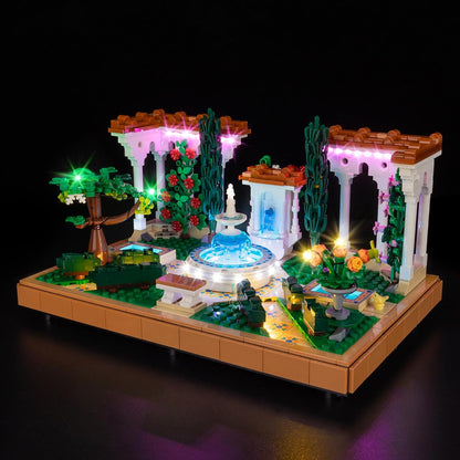 Botanical garden greenhouse brick model glowing with soft LED lights among green plants – view 3