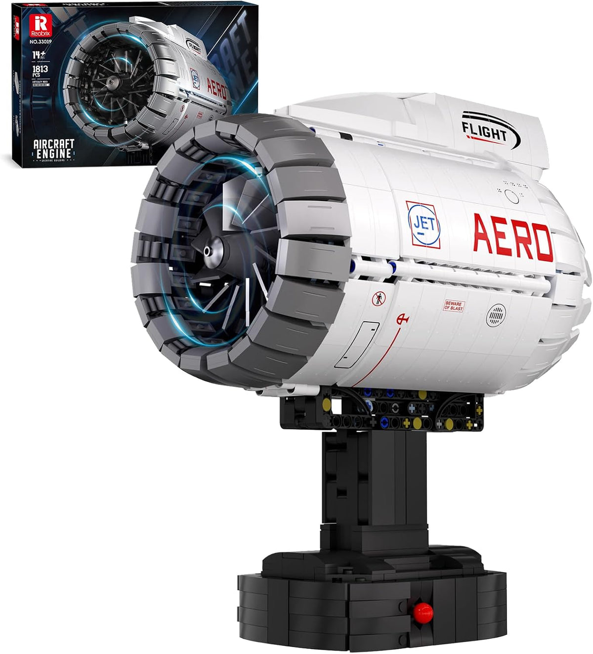 Brick-built aircraft turbofan engine model with exposed fan blades and motor