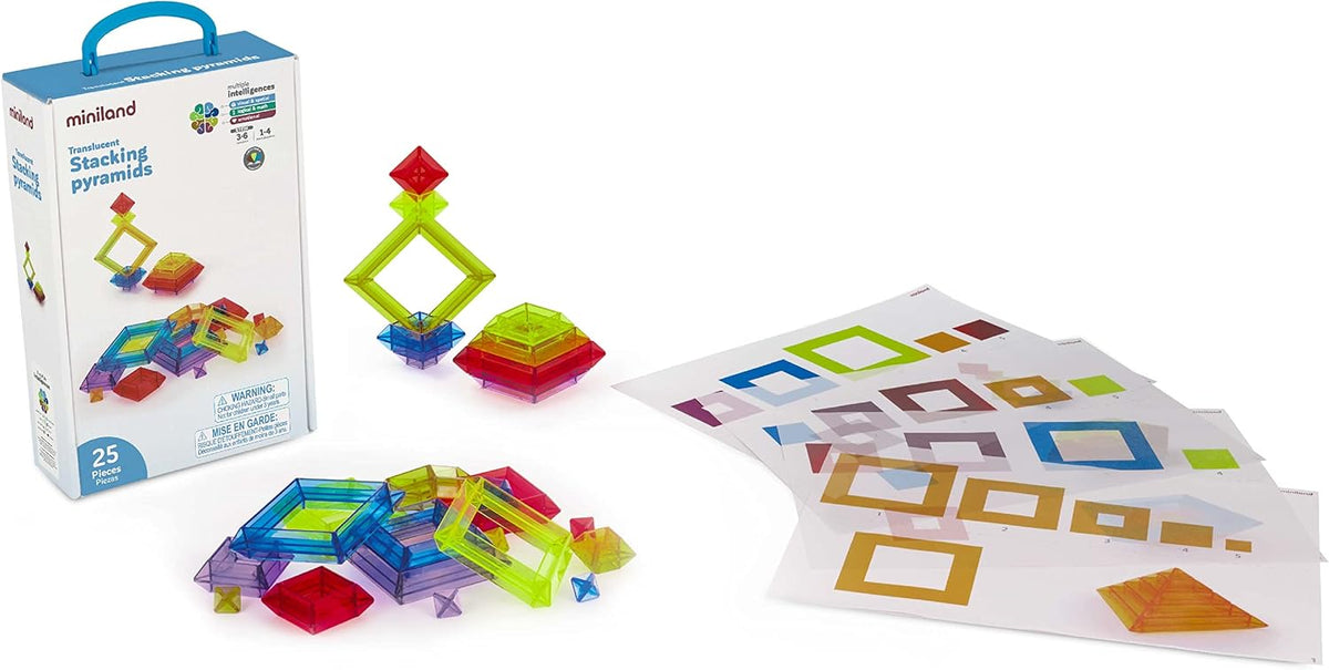 Colorful translucent stacking pyramid pieces with activity sheets