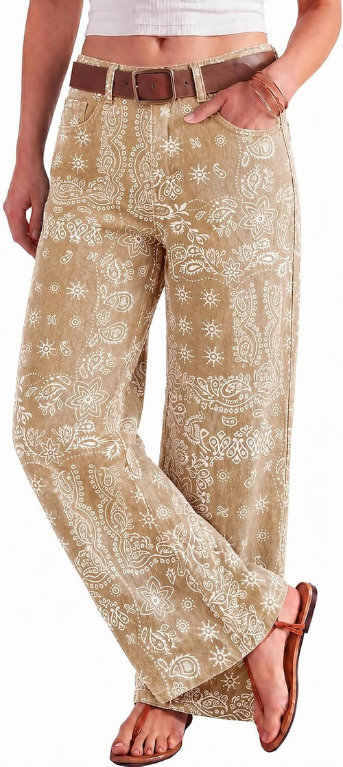 Women's Bandana Print Baggy Jeans - High Waist Wide Leg Cotton Denim with Patchwork for Streetwear - 2