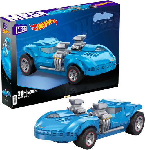 Blue brick-built twin-engine hot rod race car with open cockpit on a jack