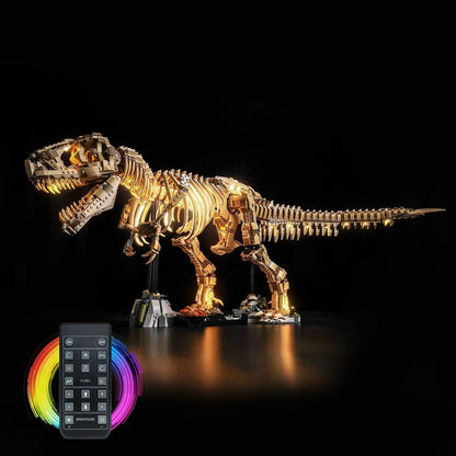 Tyrannosaurus fossil skeleton brick model lit by an LED light kit on a dark shelf