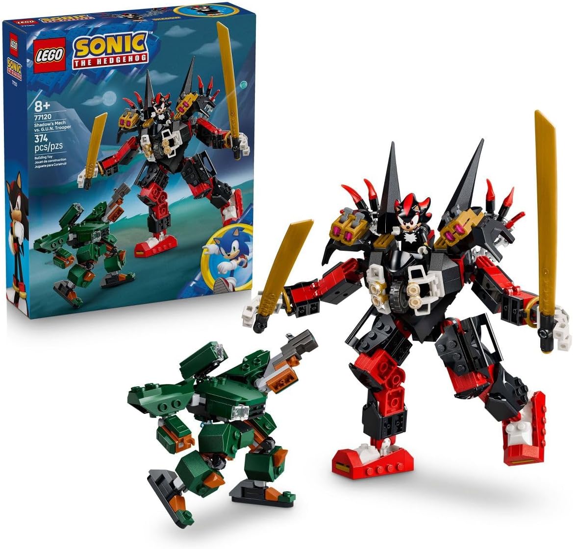 Brick-built black and red mech with hedgehog figure, motorcycle and trooper