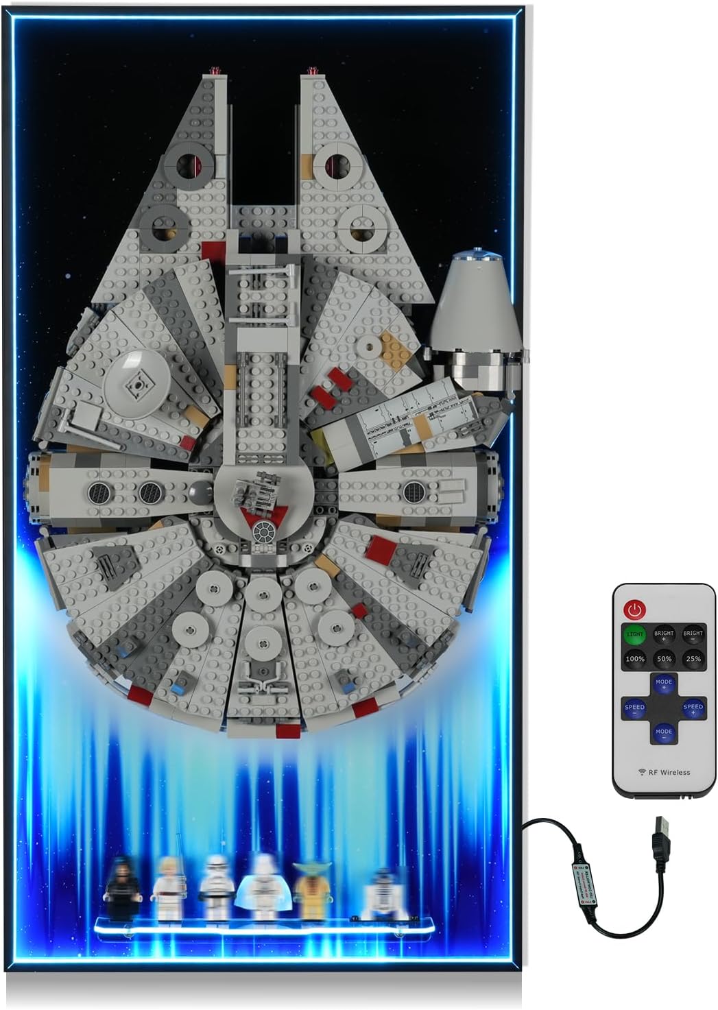 LED-lit wall display board in black with blue accents holding a space freighter brick model – view 2