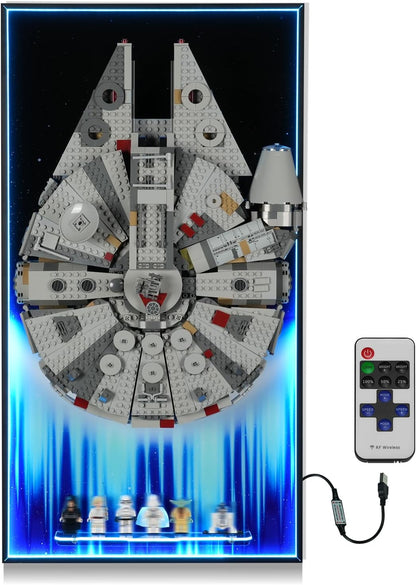 LED-lit wall display board in black with blue accents holding a space freighter brick model – view 2
