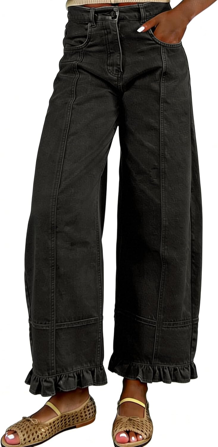 Women's Floral Print Barrel Jeans - Wide Leg Baggy Boyfriend Denim with Patchwork Panels - Small