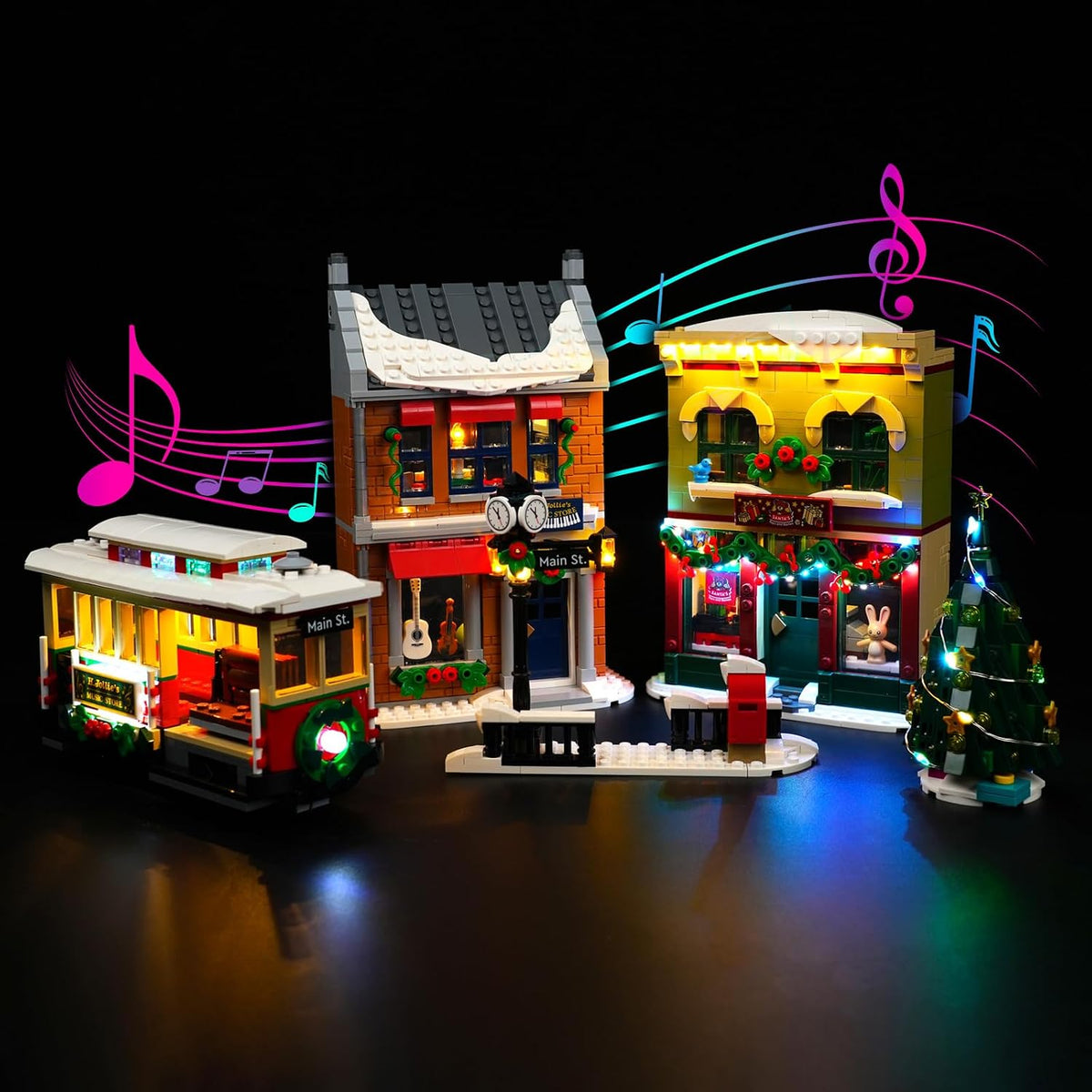 Holiday main street brick model with shop windows and street lamps lit by LED lights – view 2