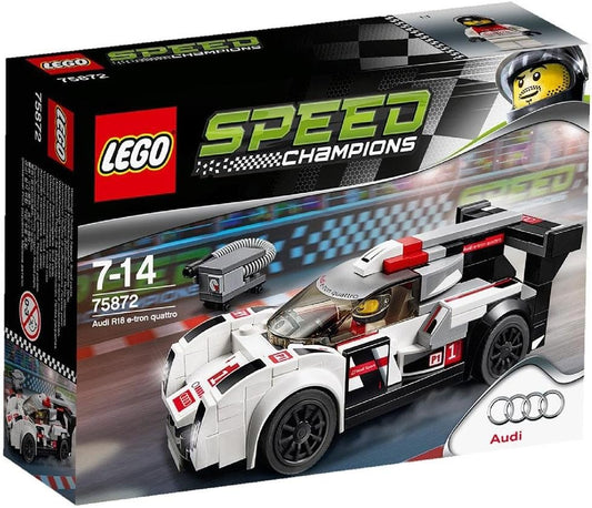 Brick-built endurance prototype race car with driver figure and fuel column