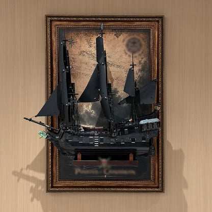 Pirate ship brick model mounted on a black wall display board