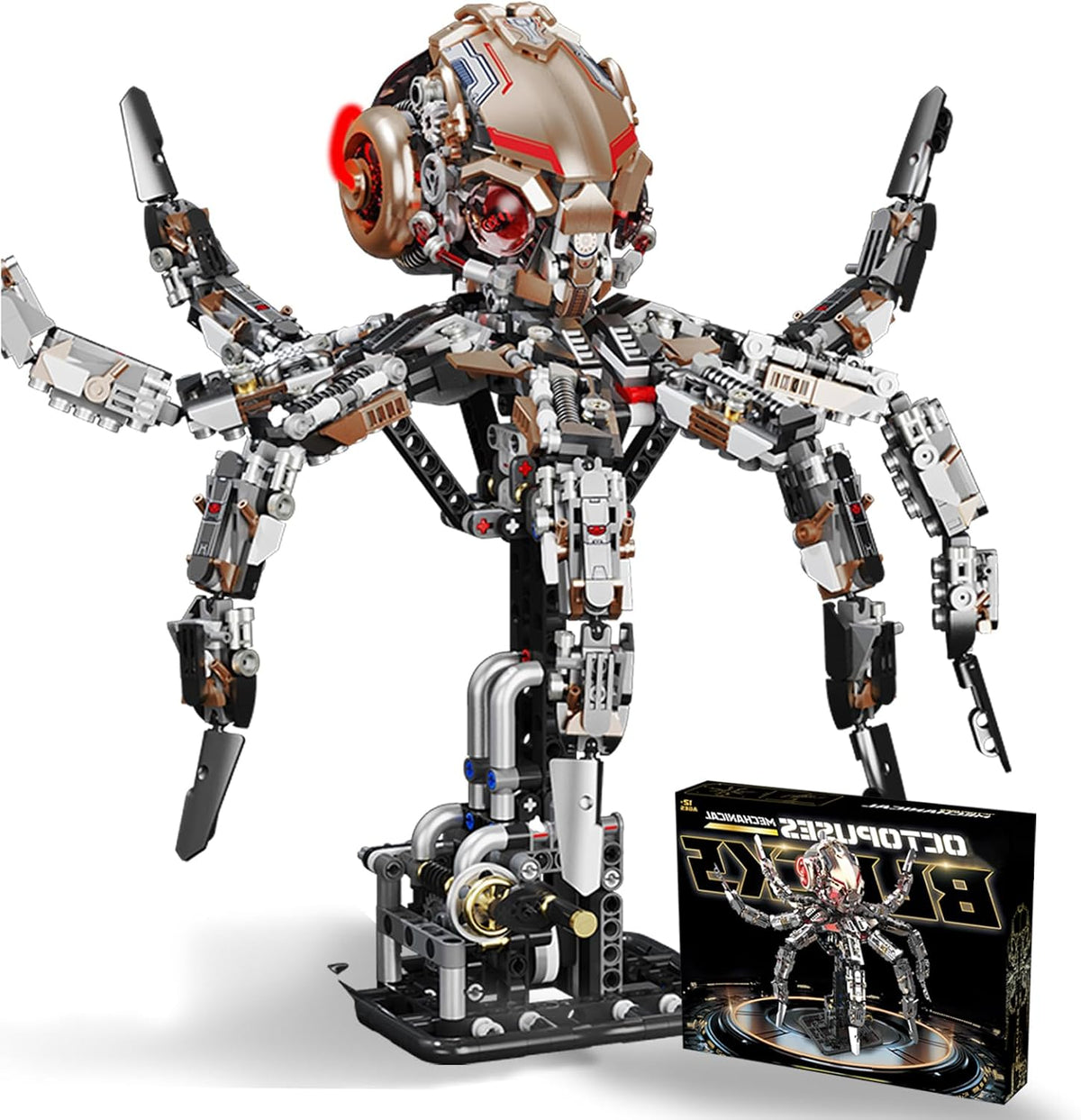 Brick-built mechanical octopus with glowing LED lights and jointed tentacles