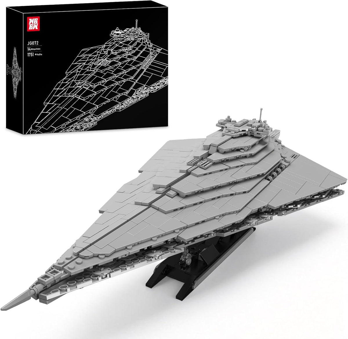 Built wedge-shaped sci-fi space battleship model on a display stand