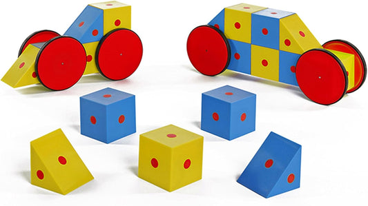 Multicolored magnetic cubes and triangles built into a toy vehicle with wheels