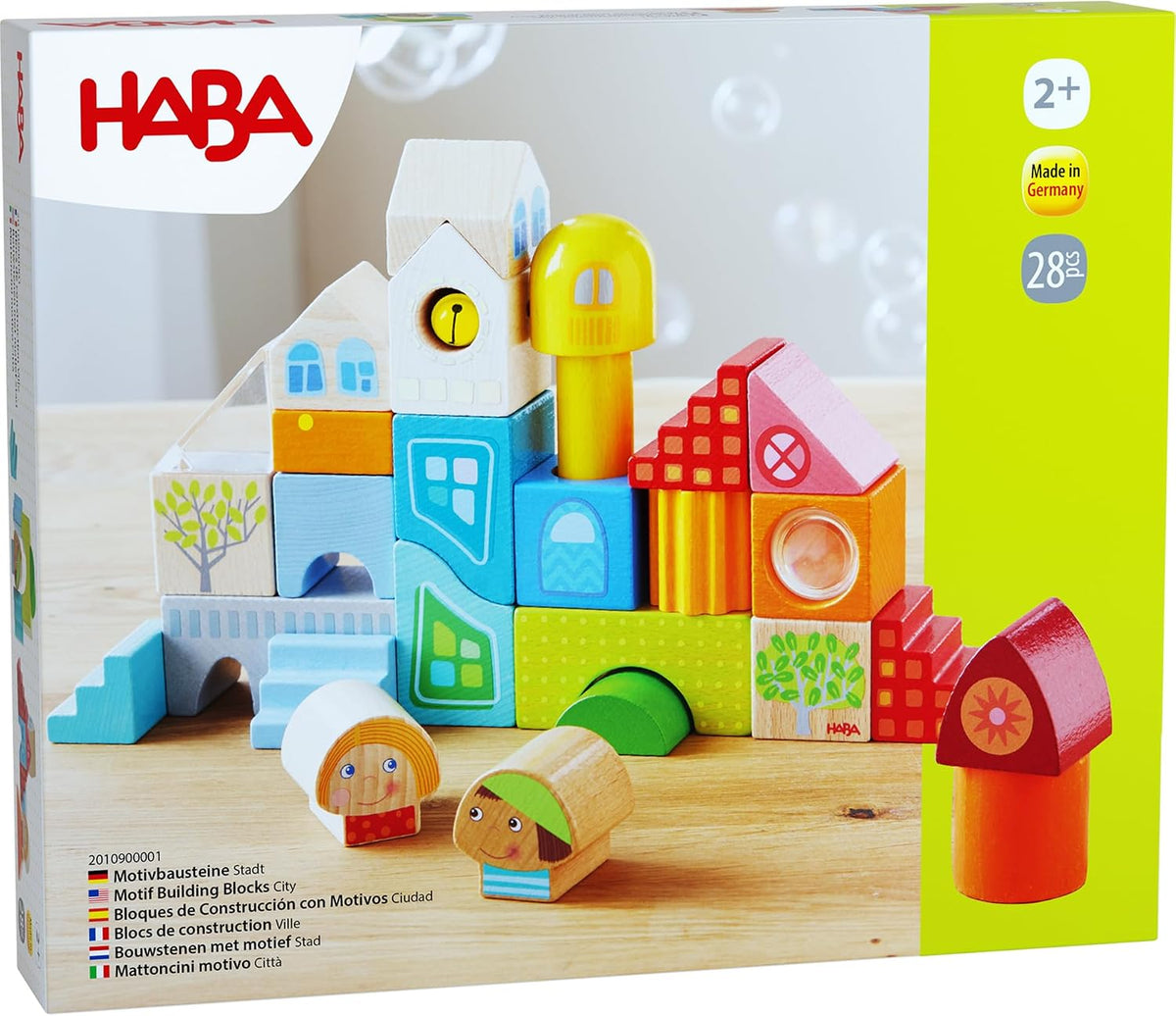 Colorful wooden town motif blocks built into houses with two small figures