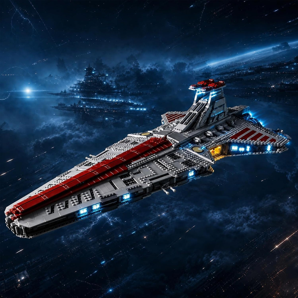 Grey brick-built space attack cruiser glowing with installed LED lights – view 2