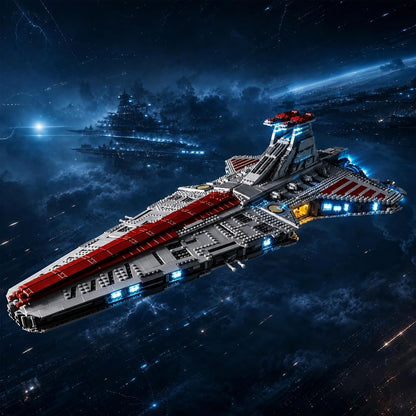 Grey brick-built space attack cruiser glowing with installed LED lights – view 2