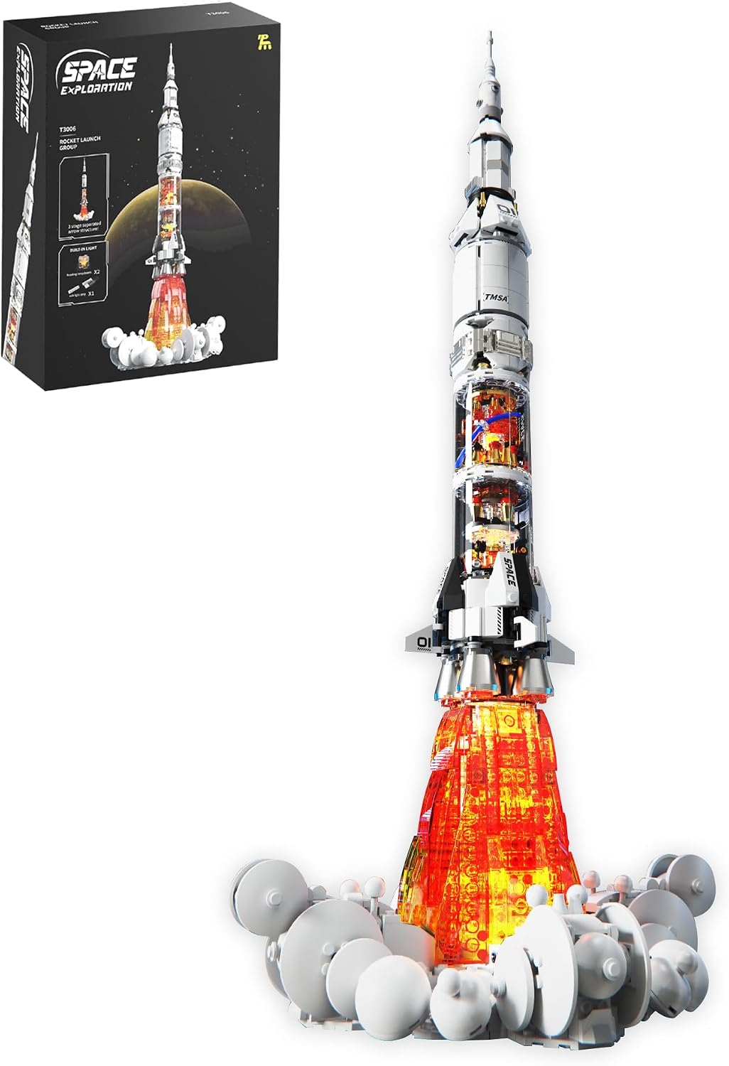Tall white brick-built multi-stage rocket lit by a light strip