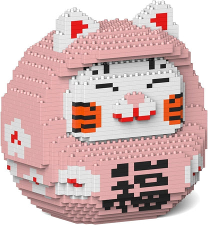 Brick-built Japanese lucky cat sculpture with raised paw and daruma styling