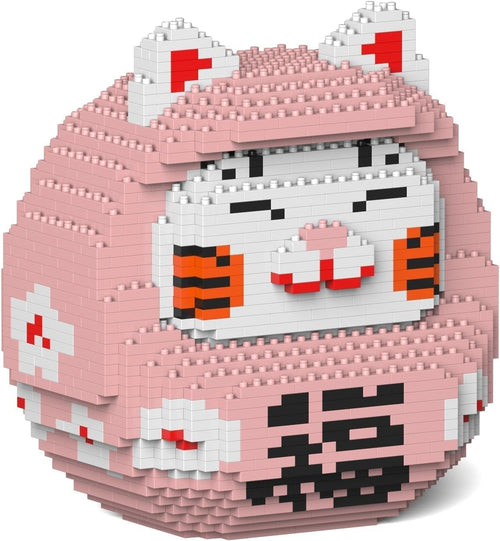 Brick-built Japanese lucky cat sculpture with raised paw and daruma styling