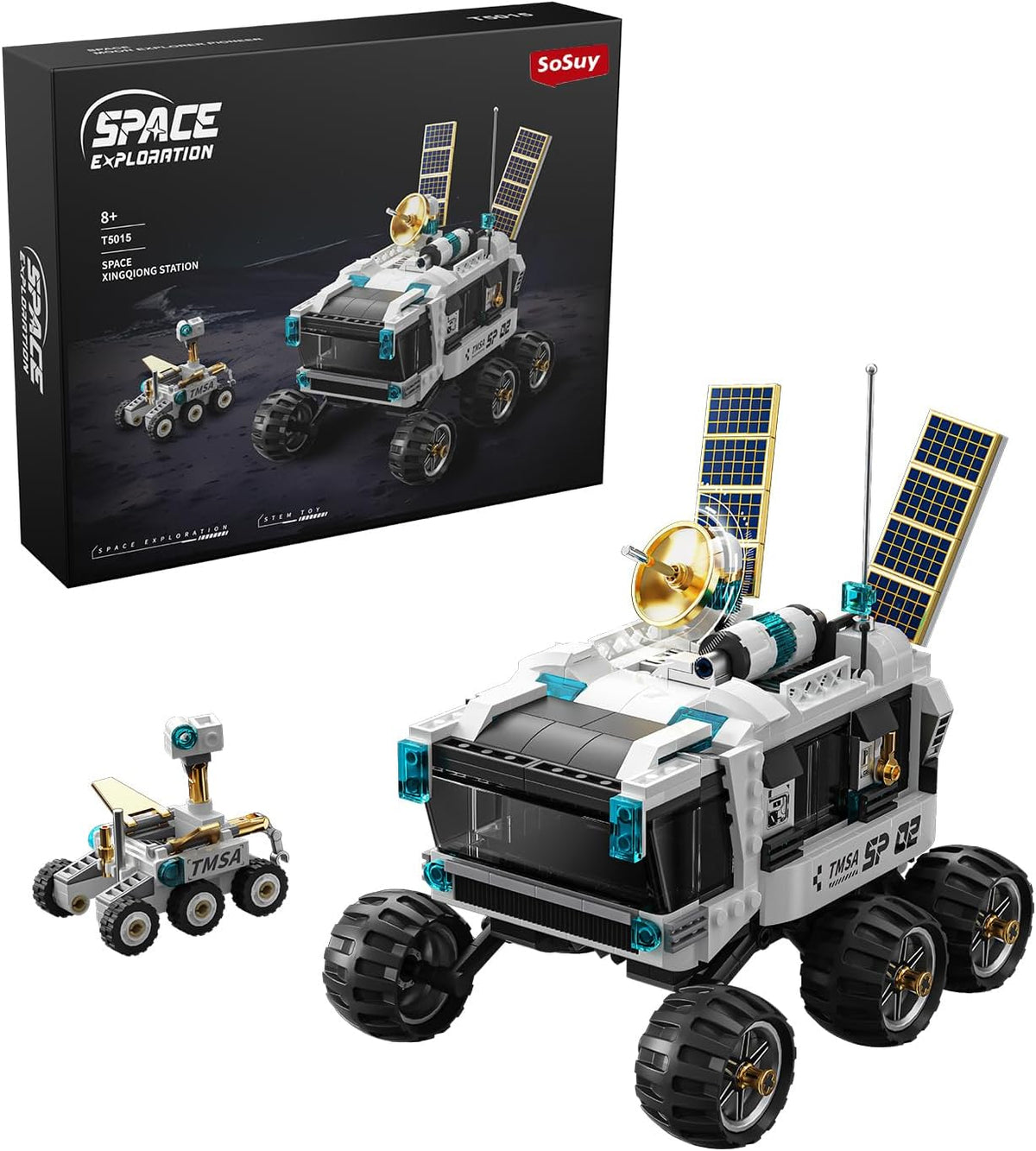 Tall white brick-built multi-stage rocket lit by a light strip – view 5
