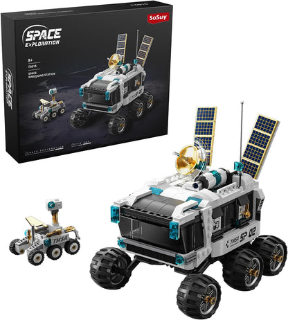 Tall white brick-built multi-stage rocket lit by a light strip – view 5
