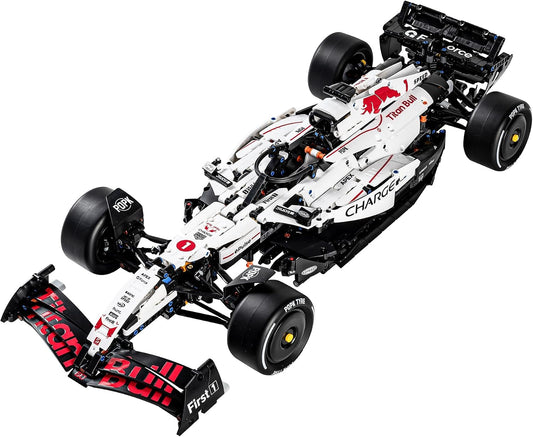White and black open-wheel formula race car brick model