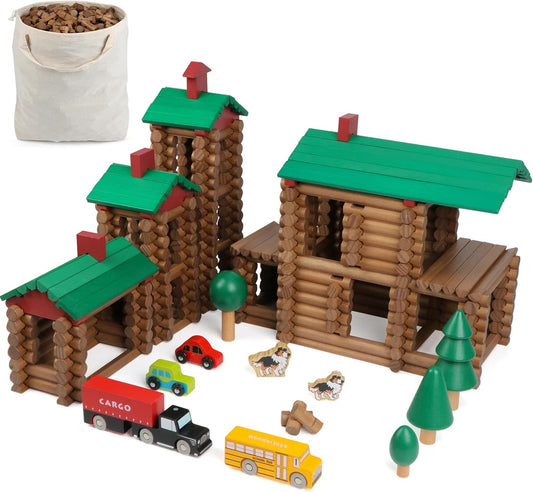 Wooden log villa with large green roof built from notched real wood logs