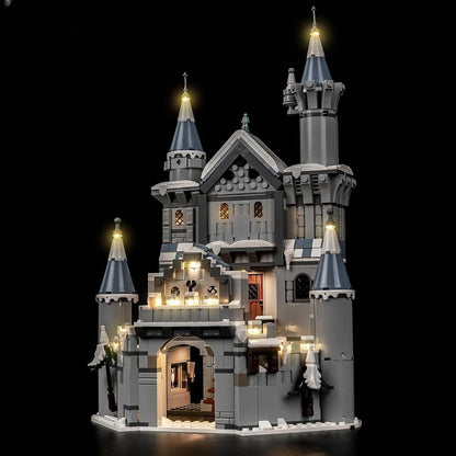 Warm white LED light kit with remote control for a snowy castle brick model