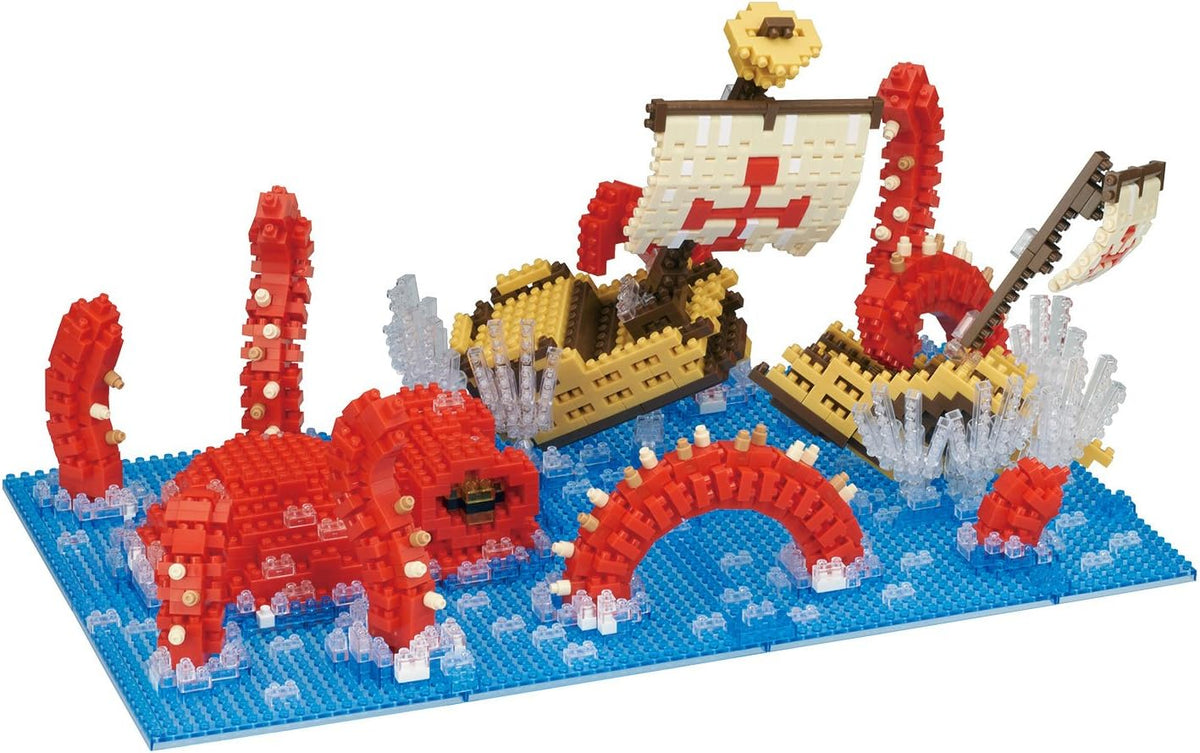 Micro brick blue kraken with tentacles wrapped around a sailboat