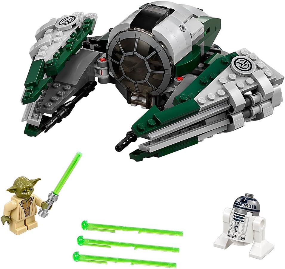Small brick-built starfighter with folding wings and pilot figure