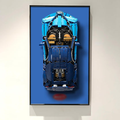 Wall-mounted display frame holding a large technical supercar brick model – view 2