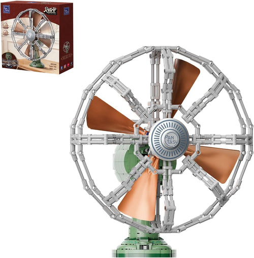 Brick-built retro desk fan model with round fan guard on a stand