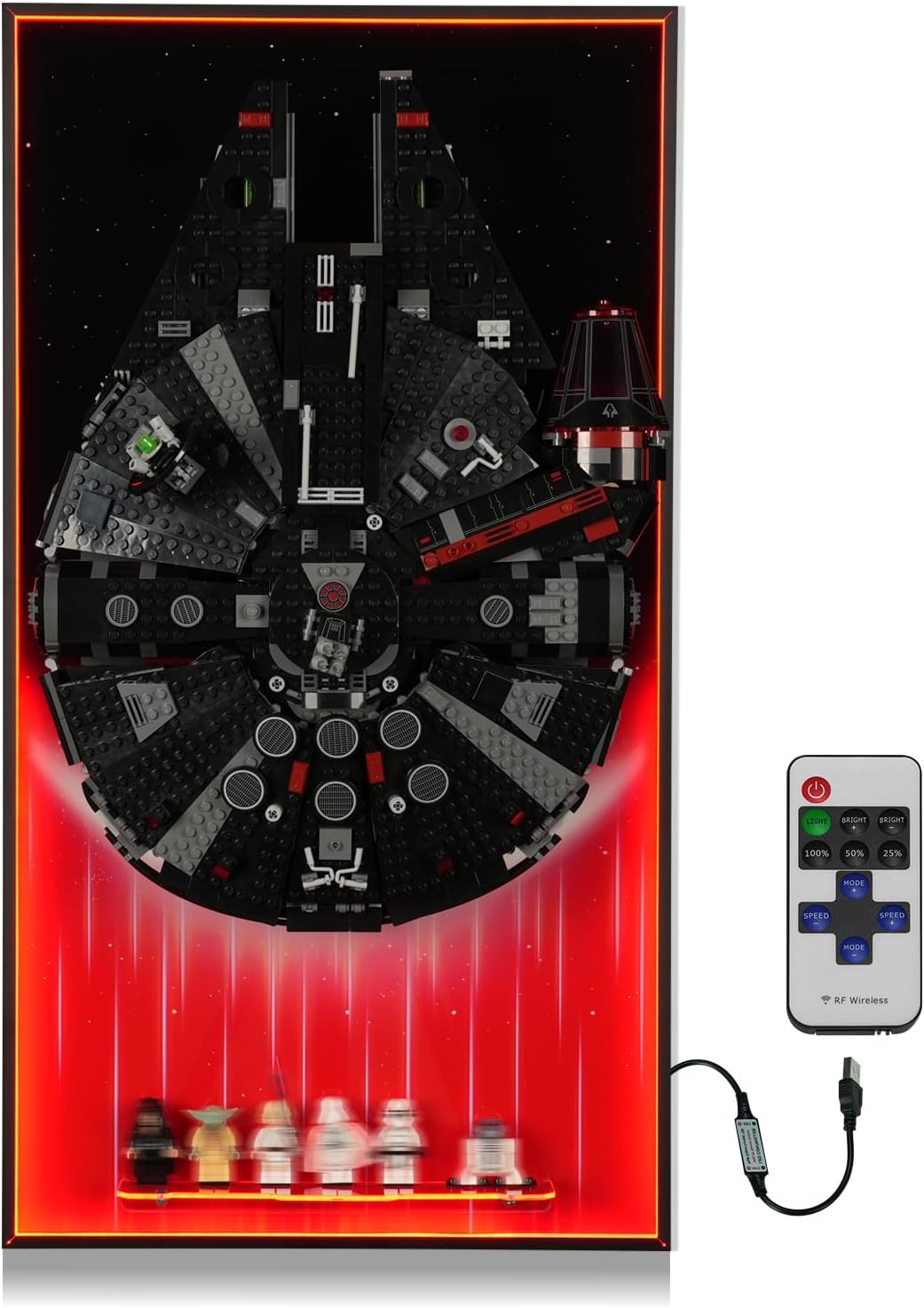 LED-lit wall display board in black with blue accents holding a space freighter brick model