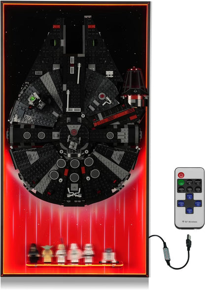 LED-lit wall display board in black with blue accents holding a space freighter brick model