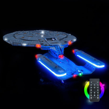 Saucer-section starship brick model glowing with LED lights