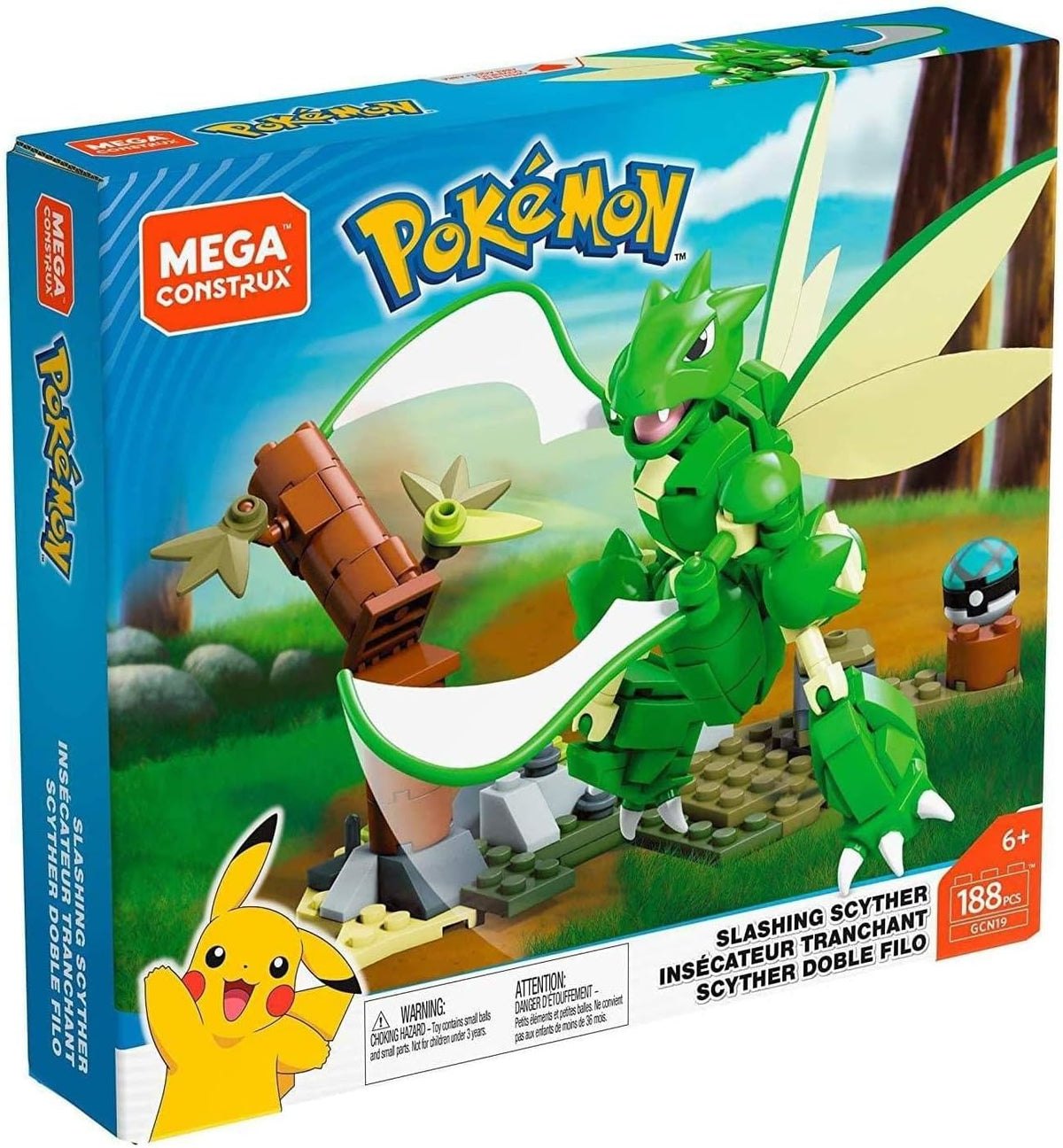 Green brick-built mantis creature with large scythe arms beside a split tree