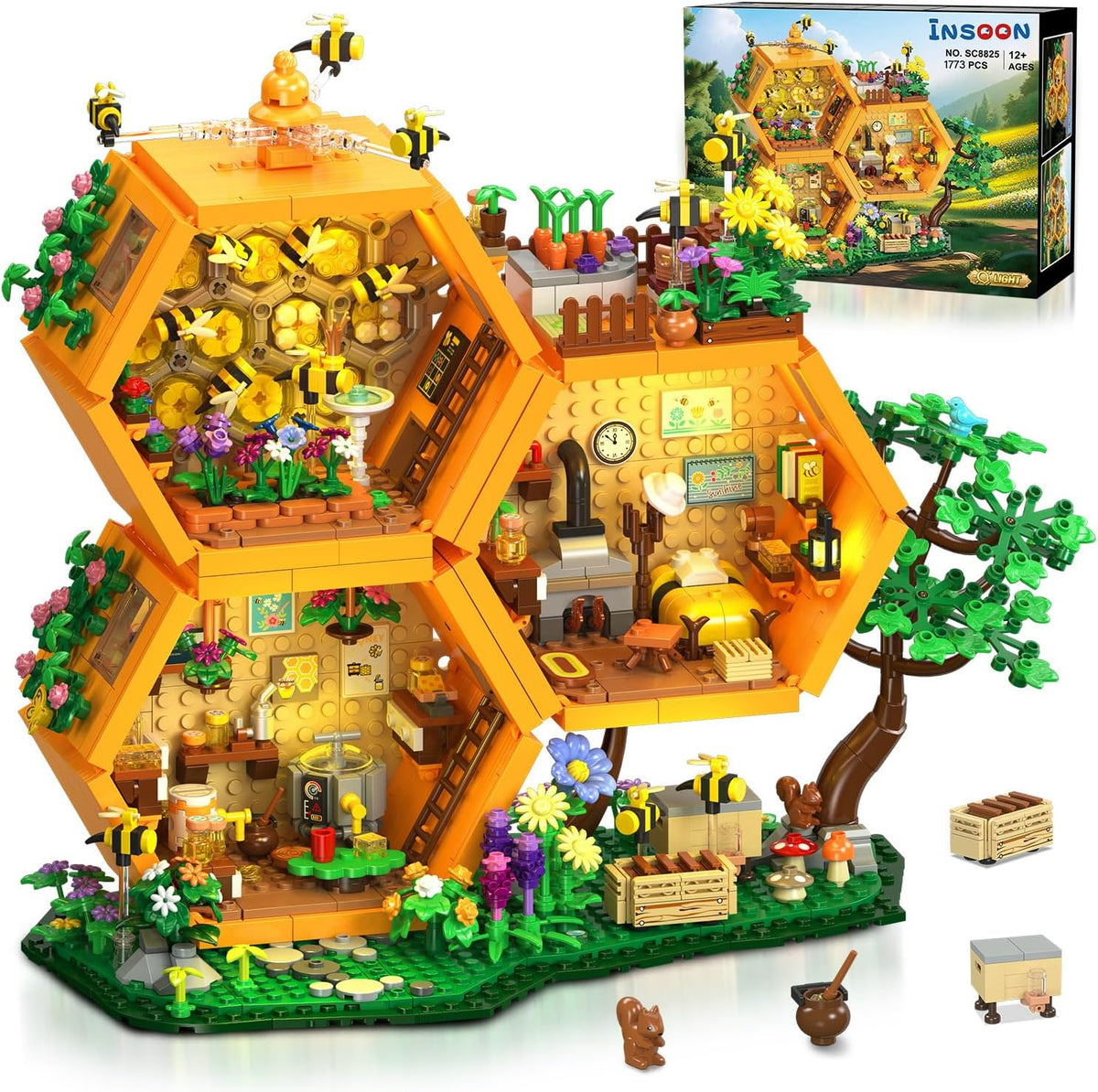 Brick-built beehive treehouse with three hive modules on a tree-trunk base and warm lights