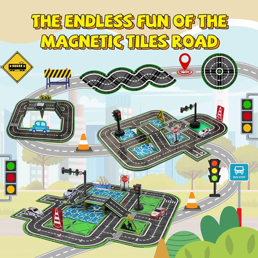 Magnetic tile fire station and road with toy fire truck and crane