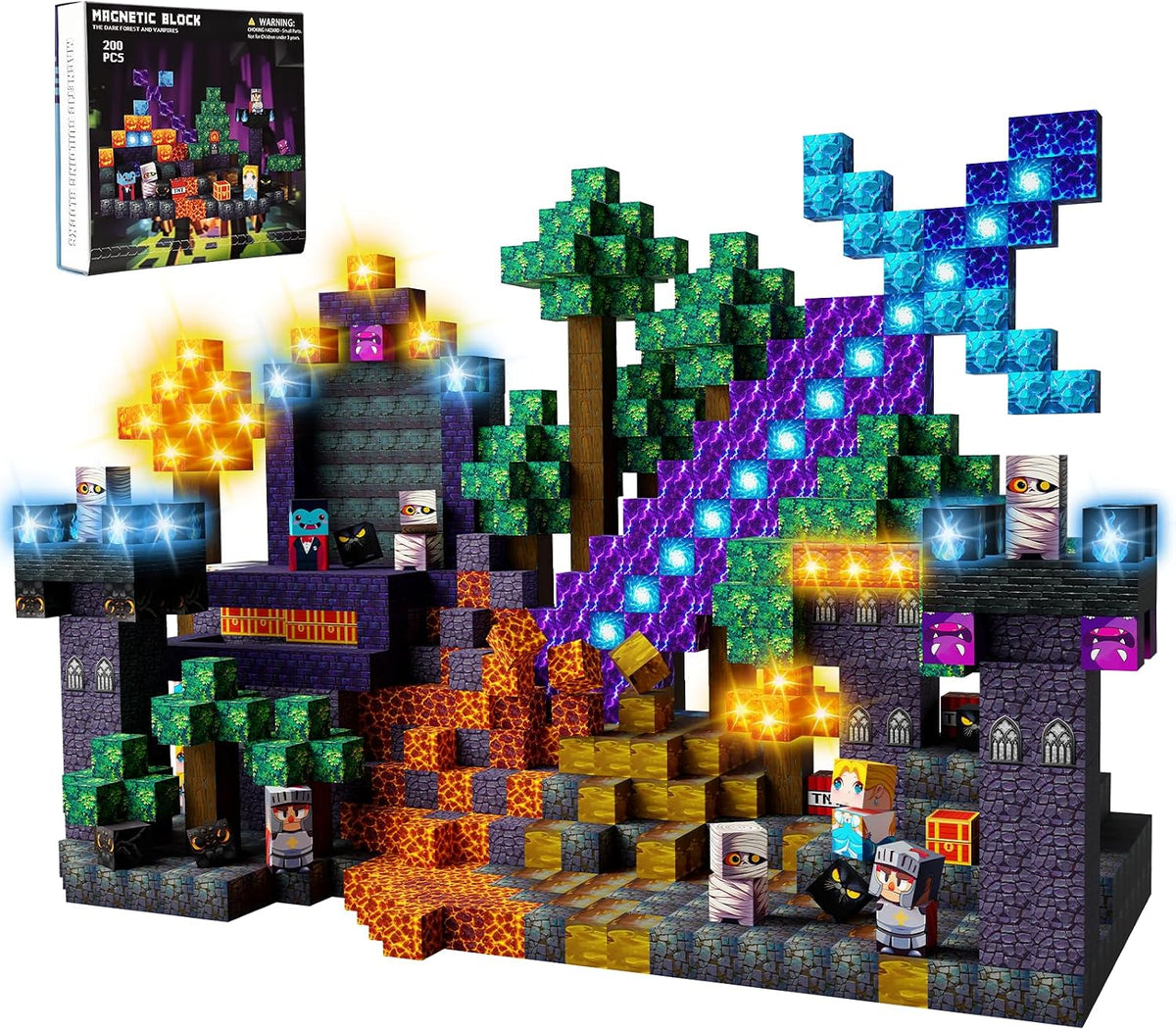 Magnetic 0.8-inch cube blocks built into a lava dig scene – view 3