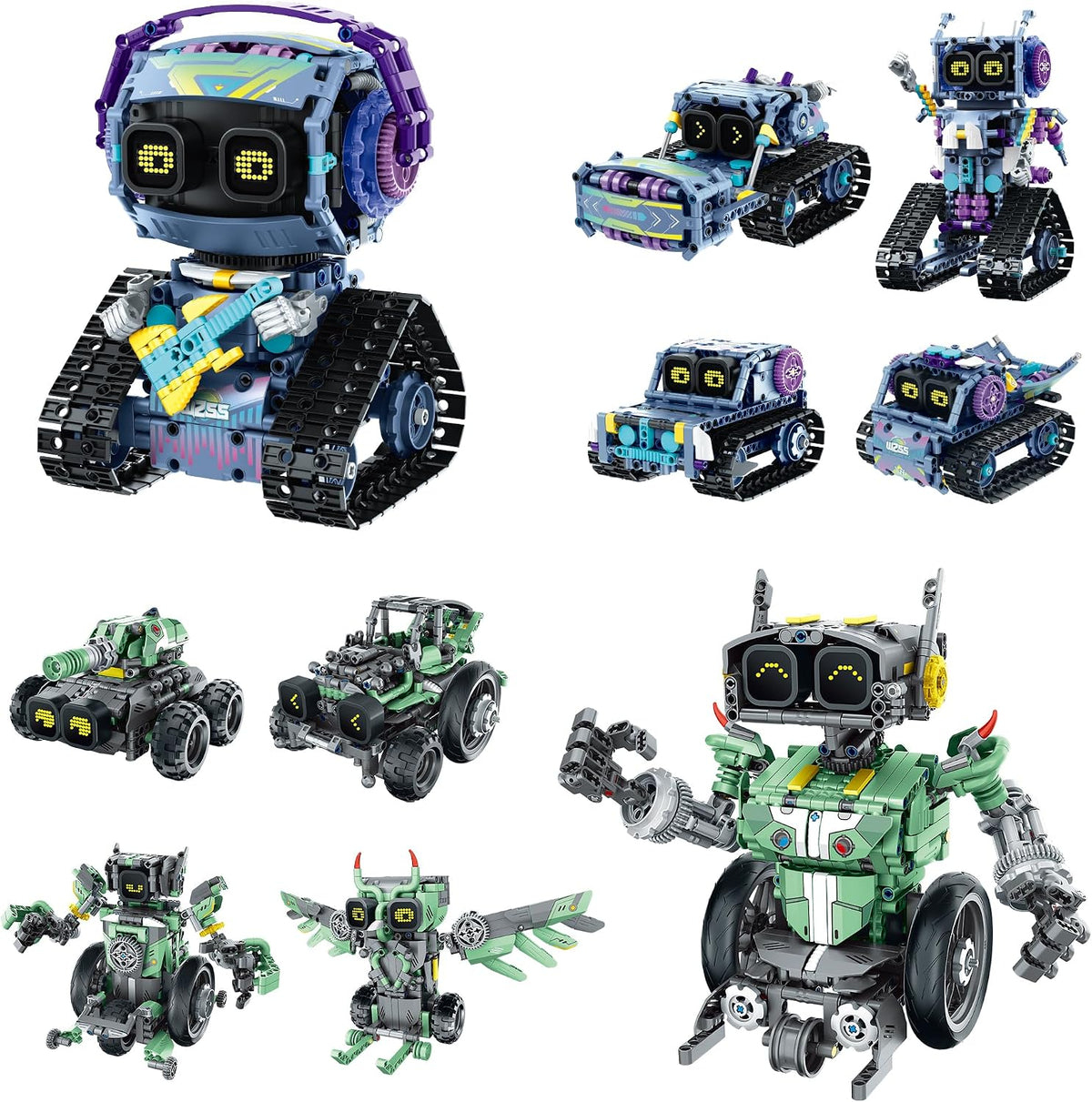 Wheeled robot car built from blue and white pieces with glowing LED eyes and a remote control