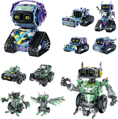 Wheeled robot car built from blue and white pieces with glowing LED eyes and a remote control