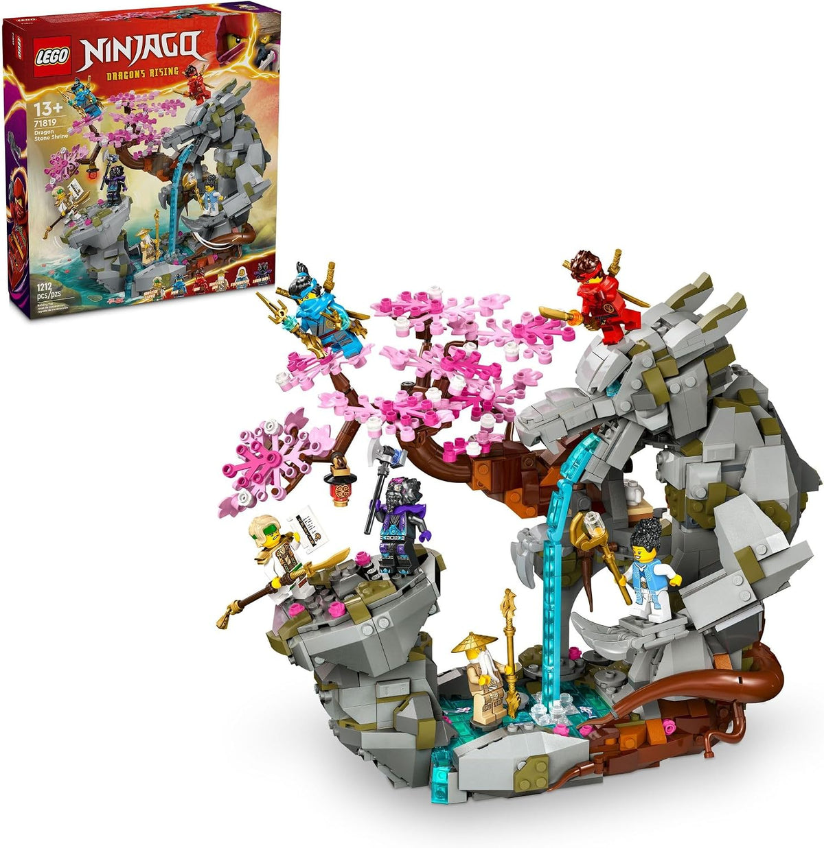 Brick dragon perched on a stone shrine with six ninja figures