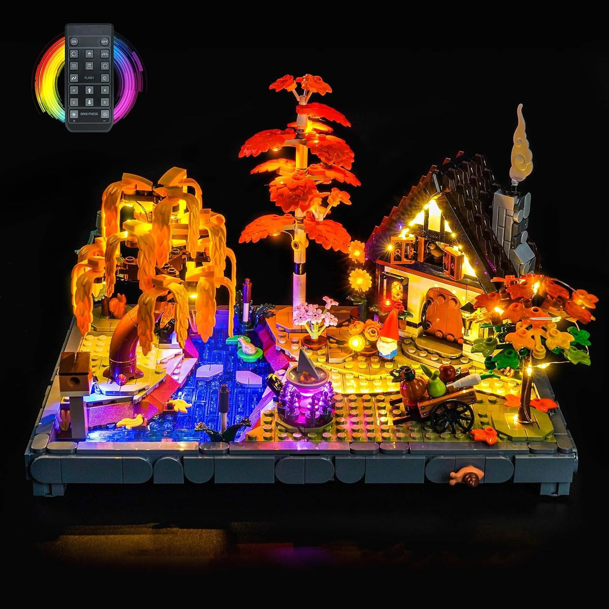 Autumn cottage garden brick model glowing with warm LED lights