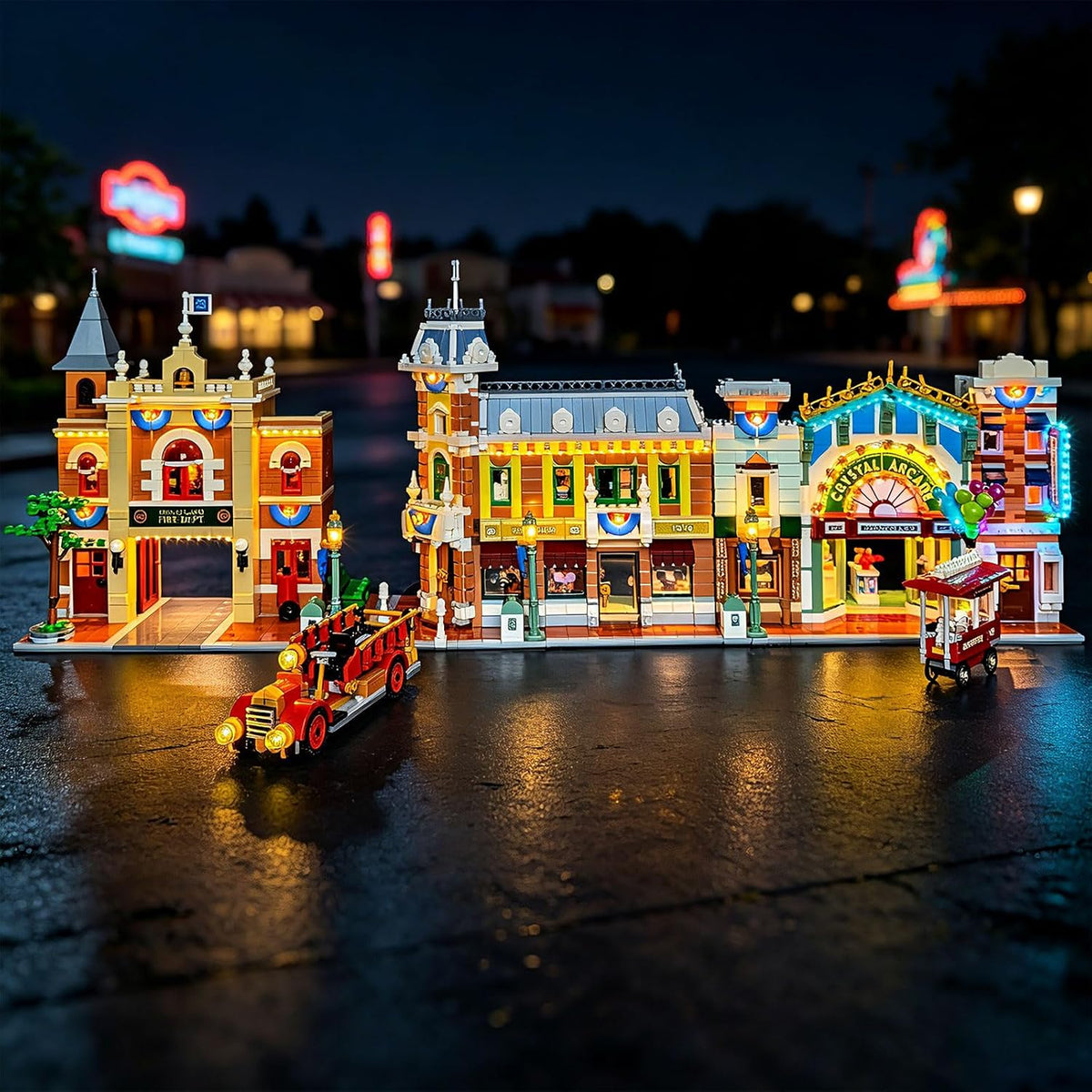 Brick-built vintage town street storefronts lit by warm LED lights – view 3