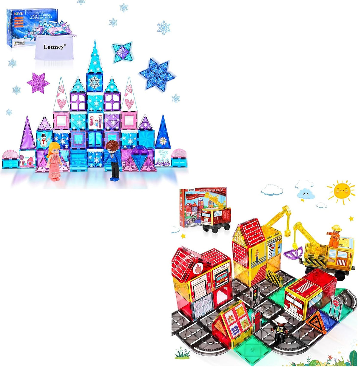 Magnetic tile ice castle beside a road scene with cranes and fire truck