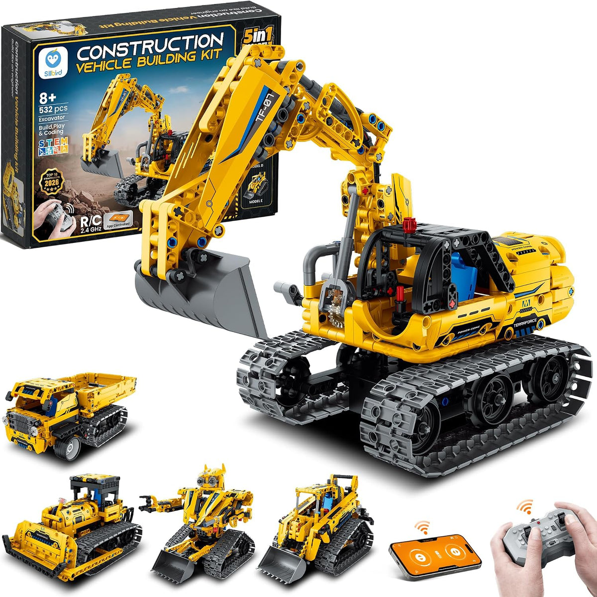 Yellow brick-built remote control excavator with arm raised