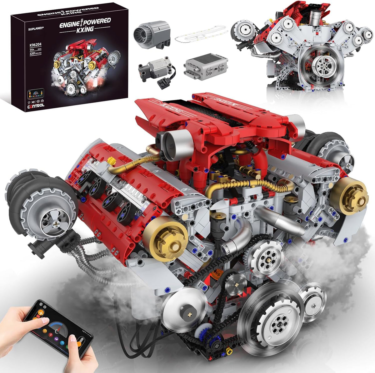 Brick-built V8 engine model with exposed cylinders and crankshaft